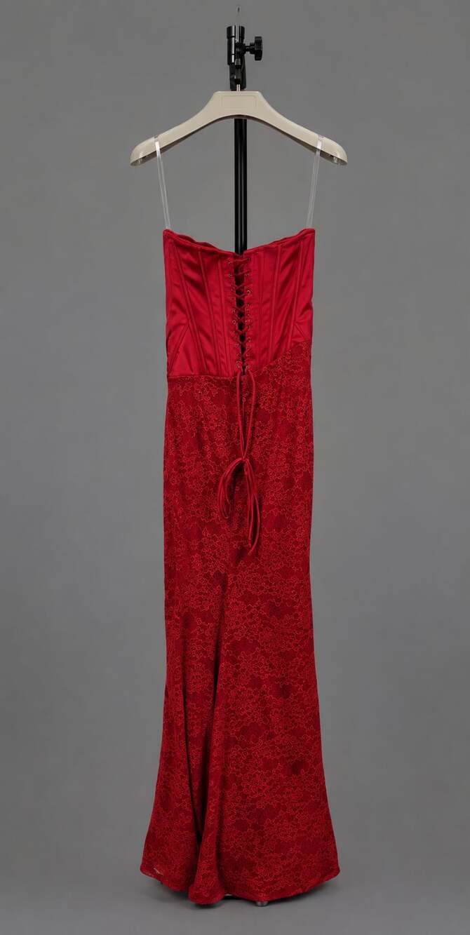 House of CB Valerie Red Satin and Lace Strapless Maxi Dress Size Small - Picture 3 of 4